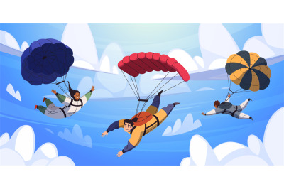 Parachutists in sky. Cartoon flat style drawing skydivers characters&2C;