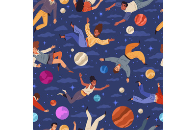 Flying people seamless pattern. Cute guys and girls in free fall, soar