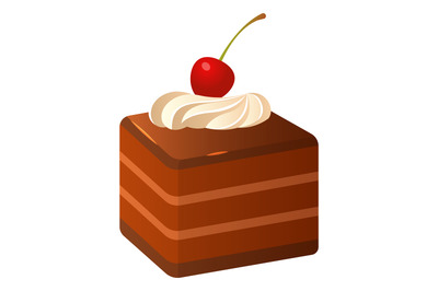 Chocolate cake with cream and cherry on top. Cartoon dessert