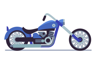 Blue motorcycle icon. Cartoon chopper. Motorbike side view