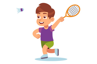 Badminton. Boy with racket and shuttlecock play game outdoors, happy p