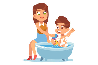 Boy in bathroom. Mom washes son, child daily routine, kid sitting in b