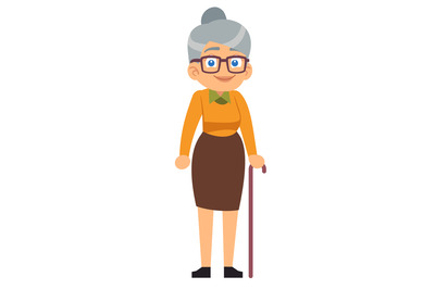 Elderly woman. Happy old senior female character in glasses with stick