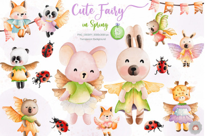Watercolor Cute Animal Fairy Spring Clipart