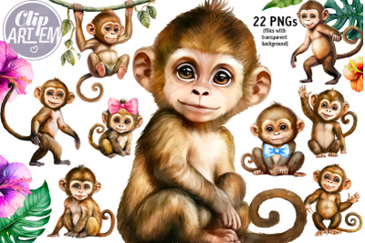 Sweet Monkey Bundle Jungle 22 PNG Watercolor Images Clip Art Digital