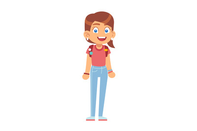 Teen girl. Teenager character in colorful casual clothes and backpack,