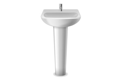 Realistic wash sink. 3d bathroom object. Ceramic white washbasin and m