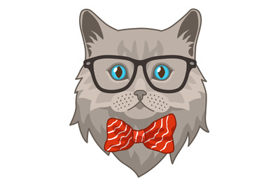 Cat in glasses with butterfly tie. Cute animal head, funny hipster ava