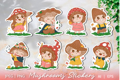 Funny kids mushrooms | 8 Cartoon Printable Stickers