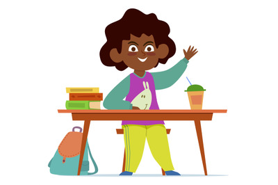 School child. Multiethnic girl sitting at desk in classroom, backpack