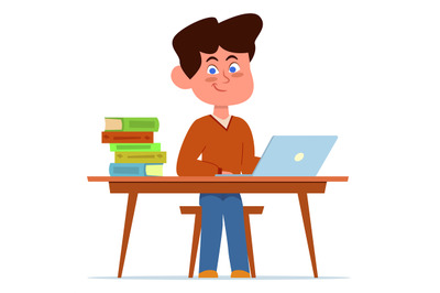 School boy. Child sitting at desk, laptop and books on table. Online e