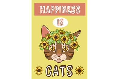 Cat card. Cute pet postcard, animal with flowers wreath, funny phrase