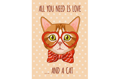 Cats card. Funny phrase, cute kitty in glasses, animal stylish portrai