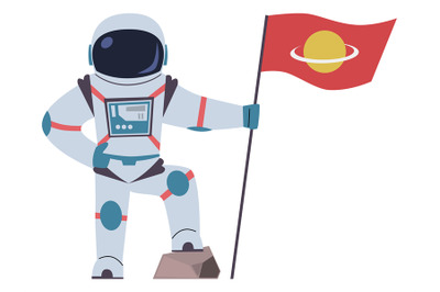 Astronaut stand with flag. Cosmos exploration. Planet discovery