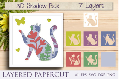 Cat shadow box svg&2C; 3d layered animal Papercut