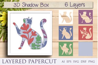 Cat shadow box papercut&2C; 3d layered animal svg