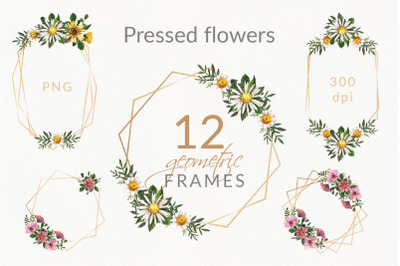 Elegant wedding geometric golden watercolor flower frames