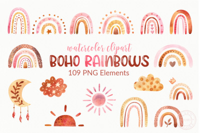 Watercolor Boho Rainbow Clipart png bundle 109
