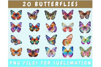 Watercolor Butterflies PNG Bundle, 20 Designs, Butterfly Sublimation