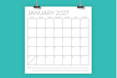 2027 Square 12x12 Calendar Template