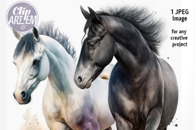 Pair of Horses Black and White Image JPEG Watercolor Digital Print