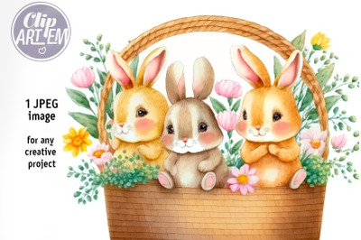 Flowers Bunny in the Basket Nursery / Easter Watercolor JPEG Image