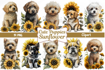 Cute Puppy Dogs Sunflower&2C; Watercolor Clipart Sublimation