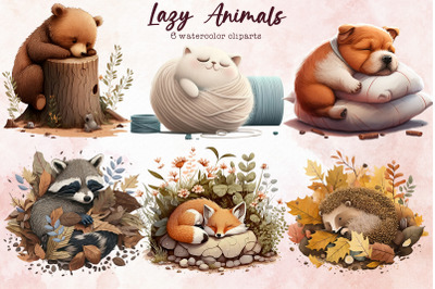Watercolor Lazy Animals Cliparts