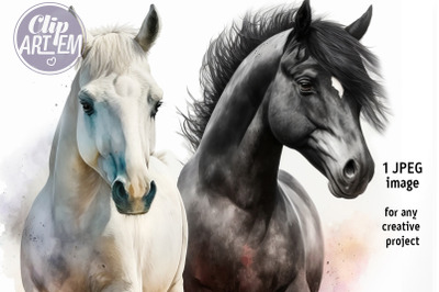 2 Horses Black and White Watercolor Digital JPEG Artwork Home Decor