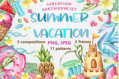 Summer vacation. Set of watercolor illustrations