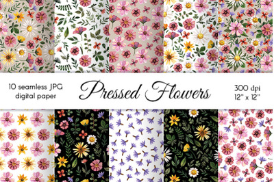 Watercolor Pressed Flowers Digital Paper - Seamless patterns