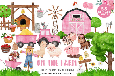 On the Farm Pink Barnyard Watercolor Clip Art