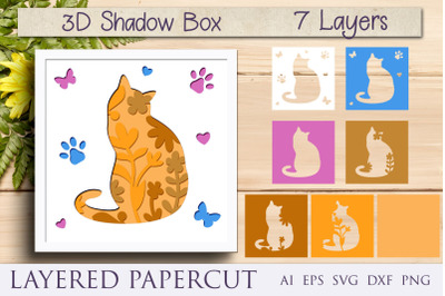 Cat shadow box template&2C; 3d Animal with flower papercut