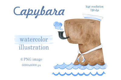 Watercolor collection of funny capybaras