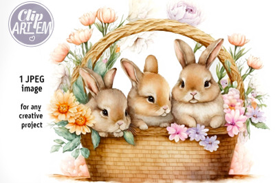 Three Easter Bunnies Watercolor Floral JPEG  Image Home Decor
