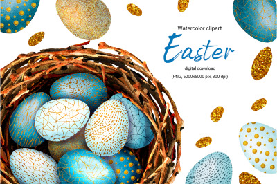 Easter painted eggs with gold pattern in a bird&#039;s nest, seamless digit