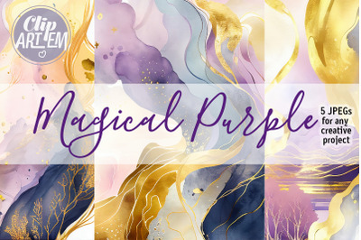 Magic Purple Gold Watercolor Modern Backgrounds  Bundle