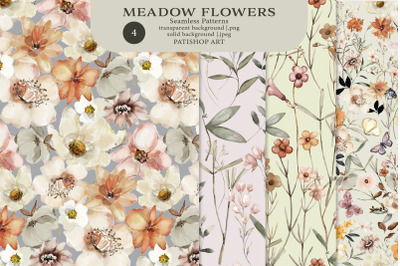 Meadow Flowers Watercolor Seamless Pattern Set, Digital Paper
