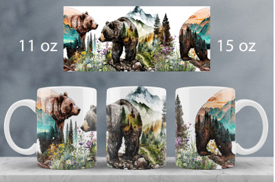 Bear mug wrap design Forest landscape mug sublimation png