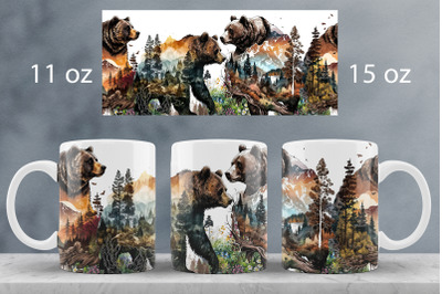 Bear mug wrap design Forest landscape mug sublimation png