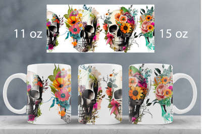 Floral skull mug wrap design Gothic mug sublimation png