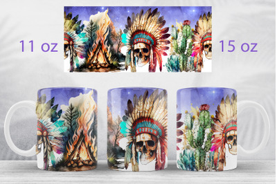 Skull mug wrap design Native american mug sublimation png