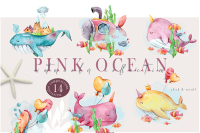 Watercolor ocean animals nursery clipart set - 14 png files