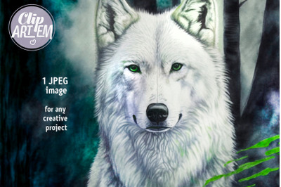 White Wolf in the Forest Painting JPEG Digital Image Wall Art