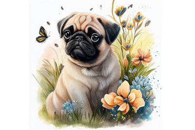Spring Watercolor Dog Pug