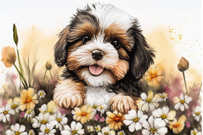 Spring Watercolor Dog