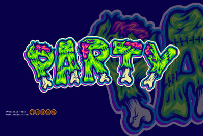 Party zombie bone font hand lettering word cartoon illustrations