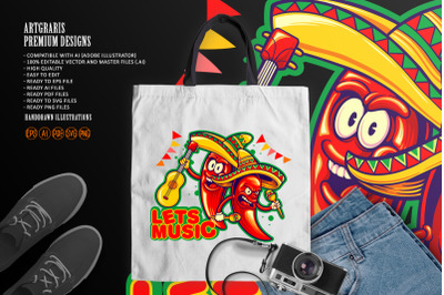 Chilli pepper joint lets music cinco de mayo logo illustrations