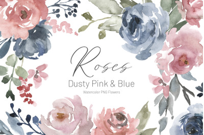 Watercolor Dusty Blue Pink Flowers