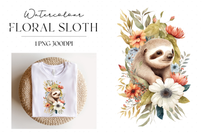 Watercolour Floral Baby Sloth PNG Clipart
